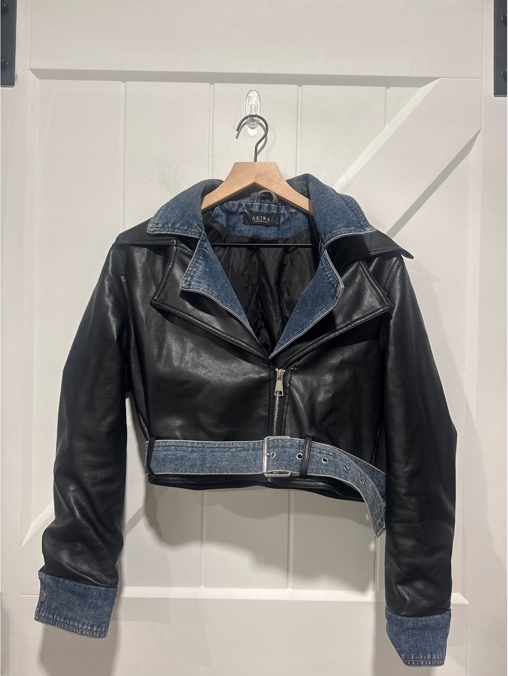 Akira Double Trouble Denim Moto Jacket in Faux Leather and Denim, S